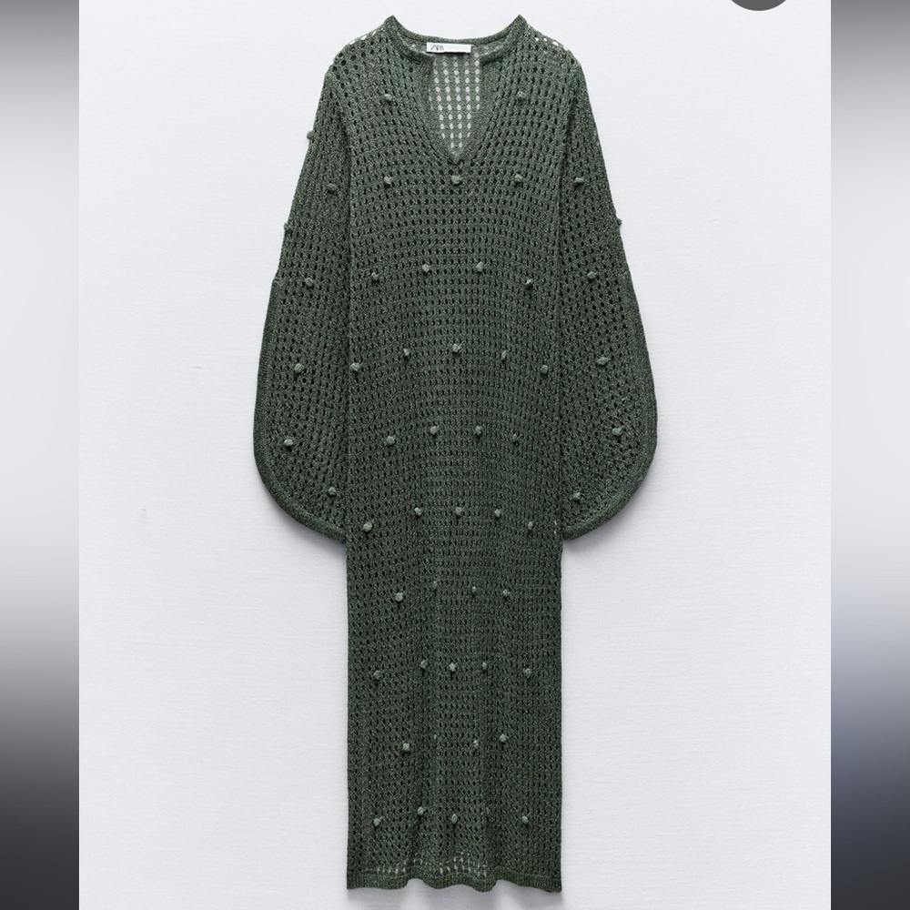 Zara Forest Green Crochet Knit Midi Dress With Unique Detailing - Picture 3 of 11